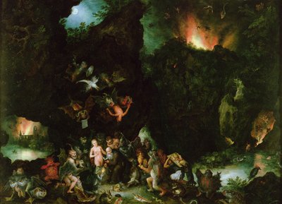 Pyhän Antoniuksen kiusaus - Helvetti, 1594 (öljy kuparille) tekijältä Jan the Elder Brueghel