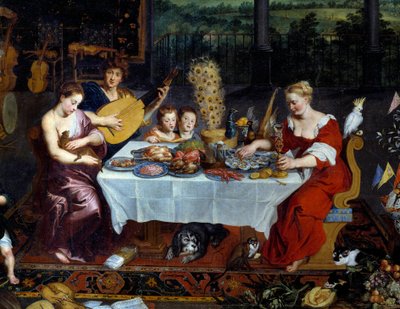 Maku. Yksityiskohta, joka edustaa mereneläviä, siipikarjaa muusikoiden läsnäollessa. Jan Brueghelin maalaus Le Vieux kutsuu Brueghel de Veloursia (Brueghel tai Brueghel tekijältä Jan the Elder Brueghel