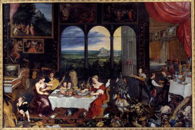 Maku, kuulo ja kosketus. Allegoria viidestä aistista Rikkaan perheen ateria: siipikarja ja äyriäiset (myös osterit) muodostavat juhlamenun. Jan I Brueghel Dit De Veloursin maalaus (1568-1625) Ec. Flam tekijältä Jan the Elder Brueghel