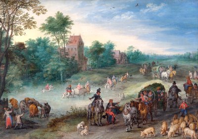 Matkustajat maatiellä karjan ja sikojen kanssa tekijältä Jan the Elder Brueghel