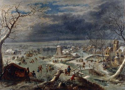 Talvimaisema luistelijoiden kanssa jäätyneellä vesiväylällä kylän luona, metsästäjä etualalla, Antwerpenin takana, tekijältä Jan the Elder Griffier