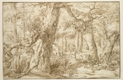 Forest Interior with Draftsman, n. 1664 (ruskea muste antiikkipaperilla) tekijältä Jan the Elder Lievens