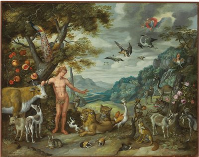 Adam nimeämässä eläimiä, Aadamin ja Eevan tarinasta tekijältä Jan Brueghel the Younger