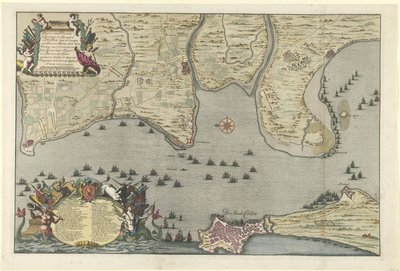 Kartta liittoutuneiden maihinnousu- ja tutkimusmatkasta Cadizissa, 1702 Ormontin herttuan ja kenraalimajurin sekä Baron de Spar Ceedertin 26. elokuuta tekemä suunnitelma Cadixin maihinnoususuunnitelmasta Campementsin ja Marsen kanssa. tekijältä Jan van Call (I)