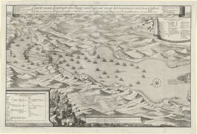 Lahden taistelu Vigossa ja Espanjan hopealaivaston valtaus, 1702 Caarte vande Landingh Vigosin lahdella osana kahden Casteelin vangitsemista ja Baayssa ankkuroidun Espanjan hopealaivaston vangitsemista Redondella denin puolesta tekijältä Jan van Call (I)