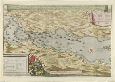Lahden taistelu Vigossa ja Espanjan hopealaivaston valtaus, 1702 Caarte vande Landingh Vigosin lahdella osana kahden Casteelin vangitsemista ja Baayssa ankkuroidun Espanjan hopealaivaston vangitsemista Redondella denin puolesta tekijältä Jan van Call (I)