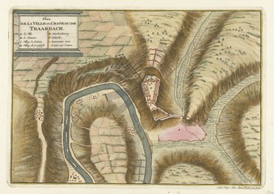 Kartta Trarbachin kylästä ja linnasta, 1704 Plan de la Ville et: Chateau: de Traarbach (otsikko esineessä) tekijältä Jan van Call (II) (attributed to)