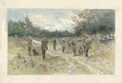 Maisema metsästäjien kanssa metsästyksen jälkeen Leusderheillä tekijältä Jan van Essen