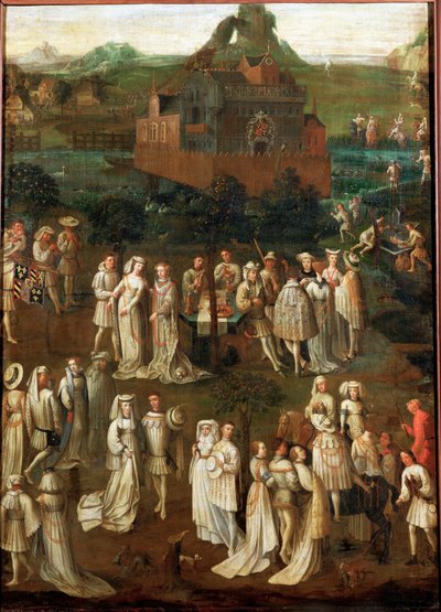 Hoviseurue burgundilaisen linnan edessä (öljy puulle) tekijältä Jan van Eyck