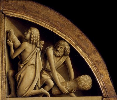 Gentin alttaritaulu. Mystisen Karitsan palvonta: Kainin ja Abelin uhri, 1432. tekijältä Jan van Eyck