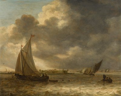Jokimaisema, jossa on purjealuksia tekijältä Jan van Goyen