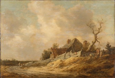 Hiekkatie, jonka varrella on maalaistalo ja lauta-aita tekijältä Jan van Goyen