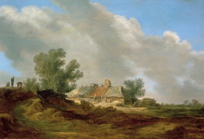 Dyyni maisema, jossa on mökki ja hahmoja tekijältä Jan van Goyen