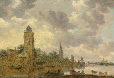 Maisema, jossa on kaupungin muuri ja majakka tekijältä Jan van Goyen