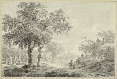 Mies ja poika kävelevät kylän tiellä tekijältä Jan van Goyen