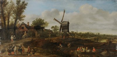 Jokimaisema, jossa tuulimylly ja veneitä tekijältä Jan van Goyen