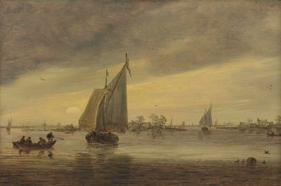 Auringonnousu Haarlemmermeerin yllä, jossa on laiva ja muita veneitä. tekijältä Jan van Goyen