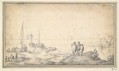 Kolme hahmoa dyynillä, josta on näkymät lahdelle laivojen kanssa tekijältä Jan van Goyen