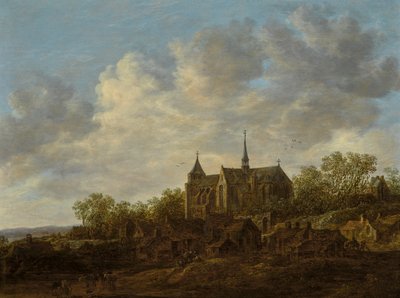 Näkymä kylään, jossa on suuri goottilainen kirkko tekijältä Jan van Goyen