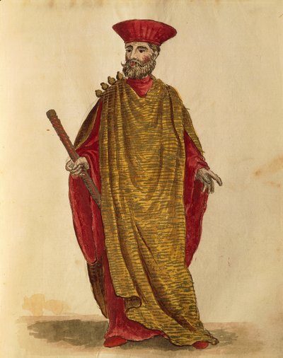 Capitano Generale Da Mar (laivaston kapteeni) Serenissiman tasavallasta Venetsiassa, kirjoittanut Jan van Grevenbroeck tai Giovanni Grevembroch (1731-1807), Gli Donne de Veneziani, kuvitetusta pukukirjasta, akvarelli tekijältä Jan van Grevenbroeck