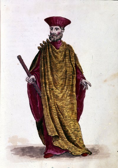 Meren kapteeni: Venetsian tasavallan sotilasvoimien upseeri. Akvarellipiirros ja muste Jan van Grevenbroeckin (tai Giovanni Grevembrochin (Grevenbroch) (1731-1807) käsikirjoituksesta "Venitsialaisten tulli") tekijältä Jan van Grevenbroeck