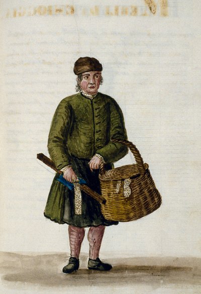 Chioggian pitsimyyjä, kuvitus venetsialaisten vaatteiden käsikirjoituksesta, osa IV, c 68, kirjoittanut Jan Grevenbroeck (1731-1807), akvarelli, Italia tekijältä Jan van Grevenbroeck