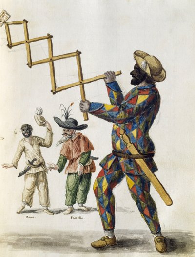 Harlekiini, akvarelli Venetsialaisista vaatteista, lähes kaiken ikäisenä ahkerasti kerätty ja maalattu 1700-luvulla, Jan van Grevenbroeck tai Giovanni Grevembroch (1731-1807), Italia tekijältä Jan van Grevenbroeck