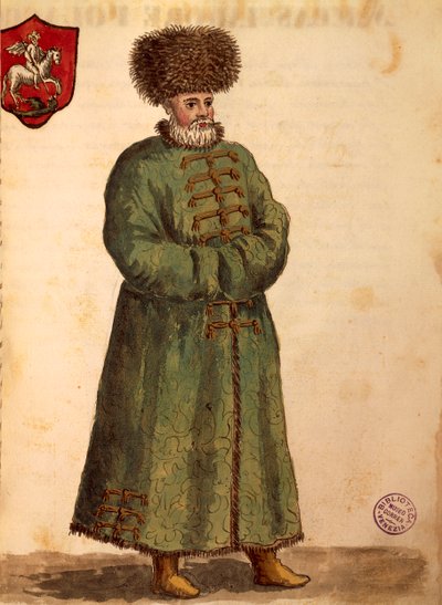 Muskovilaisten suurlähettiläs, Jan van Grevenbroeck tai Giovanni Grevembroch (1731-1807), Gli Donne de Veneziani, kuvitetusta pukukirjasta, akvarelli tekijältä Jan van Grevenbroeck