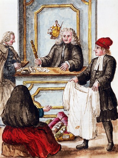 Panttilainaus, kuvitus Kuvitetusta venetsialaisten pukujen kirjasta, Jan Grevenbroeck (1731-1807), akvarelli, Italia tekijältä Jan van Grevenbroeck