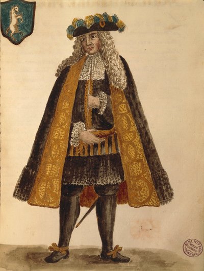Sardinian suurlähettiläs, Jan van Grevenbroeck tai Giovanni Grevembroch (1731-1807), Gli Abiti de Veneziani, kuvitetusta pukukirjasta, akvarelli tekijältä Jan van Grevenbroeck