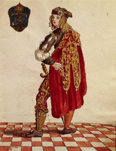Confraternity de la Calzan ritarin puku (Sukka) vuonna 1564, Jan van Grevenbroeck tai Giovanni Grevembroch (1731-1807), Gli Abiti de Veneziani, kuvitetusta pukukirjasta, akvarelli tekijältä Jan van Grevenbroeck