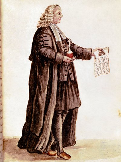 Apteekki pitelee käsissään pientä injektiopulloa ja reseptiä Piirrä akvarelli ja mustetta käsikirjoituksesta Jan van Grevenbroeck (tai Giovanni Grevembroch (Grevenbroch) (1731-1807)) tekijältä Jan van Grevenbroeck