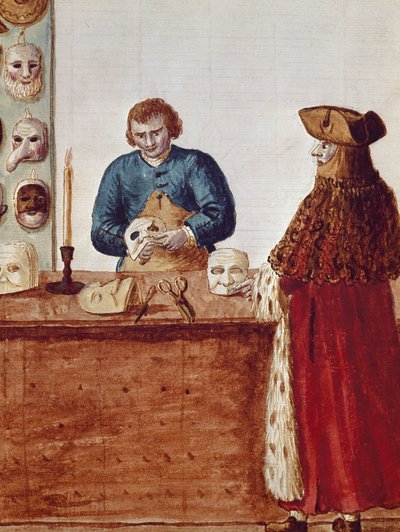 Venetsian karnevaalin naamiokauppa: naamiohahmo tulee hakemaan käsityöläiseltä naamion akvarellipiirroksesta ja mustetta Jan van Grevenbroeckin (tai Giovanni Grevembrochin (Grevenbroch) (1731-1807) käsikirjoituksesta) tekijältä Jan van Grevenbroeck