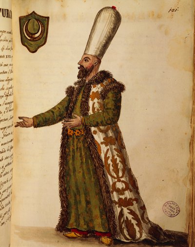 Turkin suurlähettiläs Venetsiassa, Giovanni di Grevembrochin värillinen kaiverrus, Gli abbigliamento de veneziani (venetsialaisten puvut), osa II, levy 121 tekijältä Jan van Grevenbroeck