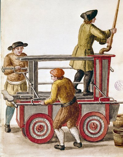 Vesipumpun tai hydraulipumpun käyttö Akvarellipiirros ja muste Jan van Grevenbroeckin (tai Giovanni Grevembrochin (Grevenbroch) (1731-1807) käsikirjoituksesta) tekijältä Jan van Grevenbroeck