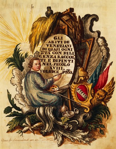 Venetsialainen mekko kaiken ikäisille, ahkerasti kerätty ja maalattu, 1700-luvulta, Giovanni Grevembroch, otsikkosivu tekijältä Jan van Grevenbroeck