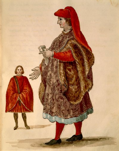 Venetsialainen senaattori yllään "Dogalina", muodollinen viitta leveillä hihoilla, Jan van Grevenbroeck tai Giovanni Grevembroch (1731-1807), Gli Abiti de Veneziani, kuvitetusta pukukirjasta, akvarelli tekijältä Jan van Grevenbroeck