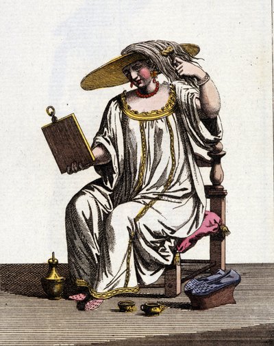 Venetsialaisten naisten menetelmä vaalentaa hiuksiaan auringossa 1600-1700-luvulla. Akvarellipiirros ja muste Jan van Grevenbroeckin (tai Giovanni Grevembrochin (Grevenbroch) (1731-1807) käsikirjoituksesta "Venitsialaisten tulli") tekijältä Jan van Grevenbroeck