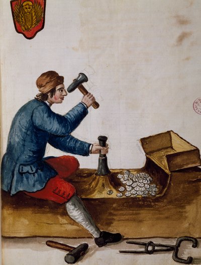Työntekijä, rahapaja, kuvitus kuvitetusta venetsialaisten pukujen kirjasta, kirjoittanut Jan Grevenbroeck (1731-1807), akvarelli, Italia tekijältä Jan van Grevenbroeck