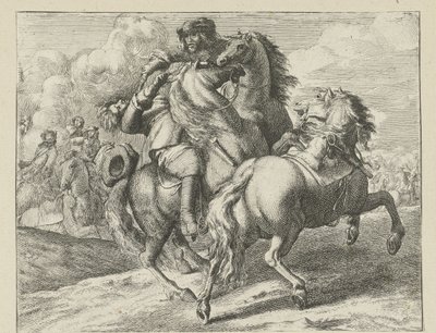 Sotilas ammuttiin hevosen selässä Ratsuväkikohtaukset (sarjan nimi) tekijältä Jan van Huchtenburg (possibly copy after)
