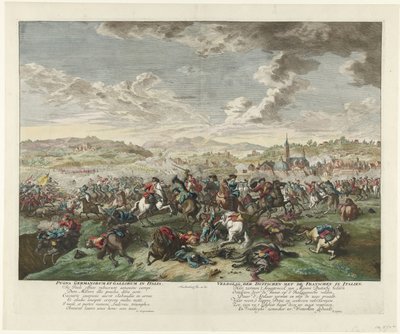 Ratsastustaistelu Pohjois-Italiassa, noin 1702-1703 Pugna Germanorum et Gallorum in Italia / Saksalaisten taistelu ranskalaisten kanssa Italiassa (otsikko esineessä) tekijältä Jan van Huchtenburg