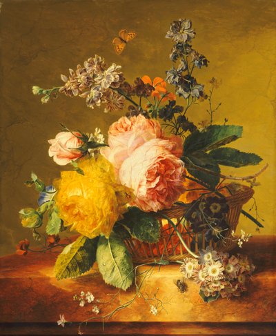 Ruusuja ja muita kukkia korissa marmorireunuksella, n. 1742 tekijältä Jan van Huysum