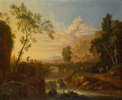 Metsäinen maisema talonpoikaparin kanssa haudan vieressä ja kalastajia vesiputouksen äärellä (öljy) tekijältä Jan van Huysums