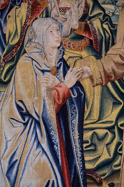 Flanderin kuvakudos. Sarja Charles V:n taivas. Kristus jättää hyvästit äidilleen (Despedida de Cristo/Despedida de Cristo/Kristus jättää hyvästit äidilleen). Sarjakuvapiirtäjä Jan van Coninxloo. Julien Portois