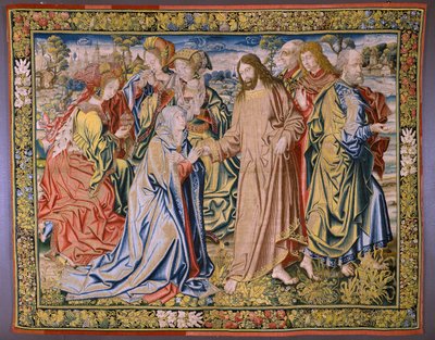 Flanderin kuvakudos. Sarja Heaven of Charles V. Kristus jättää hyvästit äidilleen (Despedida de Cristo/Christ hyvästit äidilleen). Sarjakuvapiirtäjä Jan van Coninxloo. Julien Portois