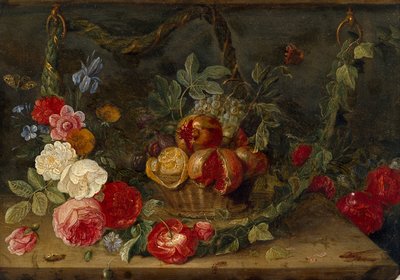 Koristeellinen asetelma ja hedelmäkori, 1600-luvun puoliväli tekijältä Jan van Kessel