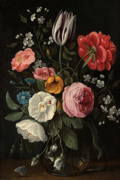 Ruusut, tulppaani, pioni, kirsikankukka ja kentaurium lasimaljakossa reunalla olevalla reunalla. tekijältä Jan van Kessel the Elder
