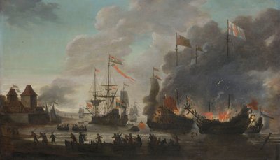 Hollantilaiset palavat englantilaisia laivoja Hollannin hyökkäyksen aikana Medwaylla, 20. kesäkuuta 1667 tekijältä Jan van Leyden