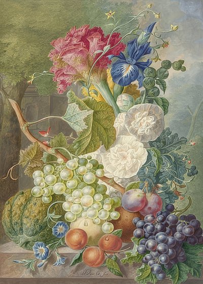 Asetelma kukkien ja hedelmien kanssa. Noin 1775-1800 tekijältä Jan van Os