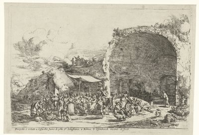 Juhlat nymfi Egerian luolan raunioilla Prospetto e veduto a Cafarelle fuoro di porte S. Sebastiano, romani (otsikko esineessä) tekijältä Jan van Ossenbeeck